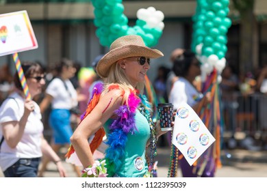 Chicago, Illinois, USA - June 24, 2018 People Promoting Susana Mendoza During The LGBTQ Pride Parade In Chicago