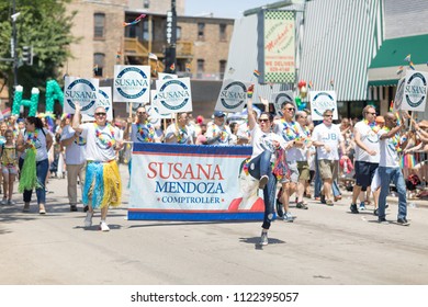 Chicago, Illinois, USA - June 24, 2018 People Promoting Susana Mendoza During The LGBTQ Pride Parade In Chicago