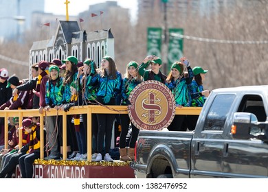 Chicago, Illinois, USA - March 16, 2019: St. Patrick's Day Parade, Members Of Saint Ignatius College Prep Celebrating Saint Patricks During The Parade