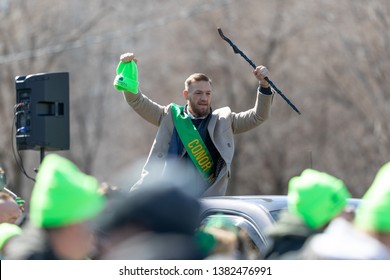 Chicago, Illinois, USA - March 16, 2019: St. Patrick's Day Parade, Conor McGregor, Mixed Martial Artist, being transported down Columbus Drive
