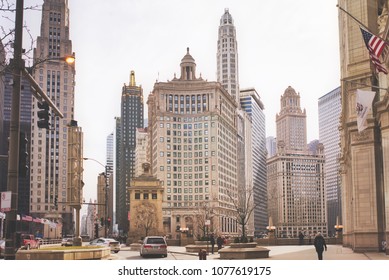 CHICAGO, ILLINOIS, USA - MARCH 2018: Chicago cityscape, one of the rear old parts of the Chicago city - remains of Michigan Avenue Bridge, surrounded by skyscrapers. 