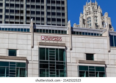 Chicago, Illinois, USA - March 28, 2022: University Of Chicago Sign On The Building At Gleacher Center In Downtown Chicago. The University Of Chicago Is A Private Research University. 