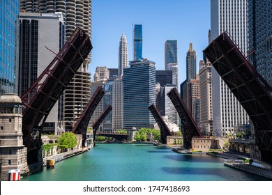 Chicago, Illinois / USA - May 30 2020. Chicago River Bridges Raised and Lifted on the Empty River.