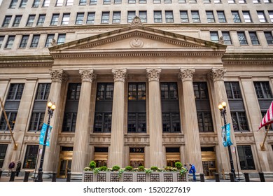 Chicago, Illinois, USA. May 9, 2019. The Federal Reserve Bank Of Chicago, At Lasalle Street, US. Facade Of The Stone Building Background.