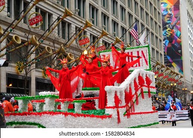Chicago, Illinois / USA - November 28th 2019: Members of the Wu Zhi Lin Performing arts performers performed on their floats in 2019 Uncle Dan's Chicago Thanksgiving Parade.
