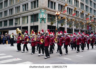 Chicago, Illinois / USA - November 28th 2019: Southland College Prep Charter High School Musical Marching Band Of Richton Park, Illinois Marched In 2019 Uncle Dan's Chicago Thanksgiving Parade.