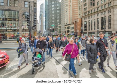 Chicago, Illinois, USA - October, 2019; Cityscape. Walking Chicago City. Pedestrians Walking On The Street In Chicago, Illinois, USA