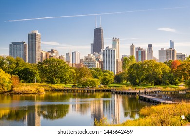 Chicago, Illinois, USA Park And Skyline.