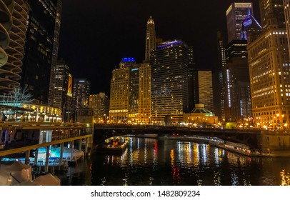 Chicago/ Illinois/USA - April 15, 2019: View of skyline of Chicago and its river at night. - Shutterstock ID 1482809234