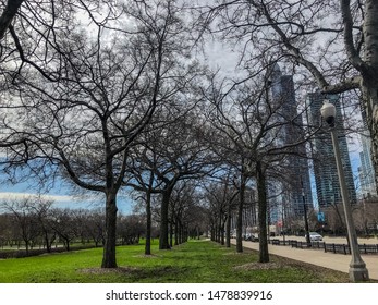 Chicago/ Illinois/USA - April 16, 2019: Cloudy Sky On The South Court Of Presidents' Garden In Chicago. It Is Located In Grant Park, Within The City's Central Business District.