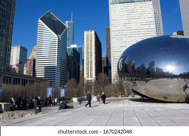 Chicago/ Illinois/USA - January 21, 2020: Millennium Park, Chicago. Cloud Gate. Winter Morning 