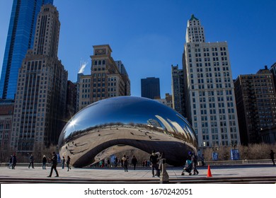 Chicago/ Illinois/USA - January 21, 2020: Millennium Park, Chicago. Cloud Gate. Winter Morning 