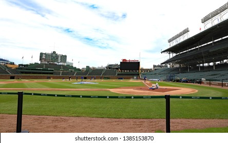 CHICAGO, IL/USA - APRIL 24, 2019:  Pregame maintenance at Wrigley Field, home of the Chicago Cubs baseball team.