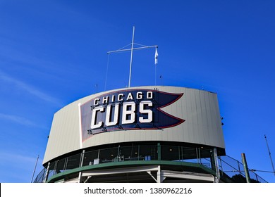 CHICAGO, IL/USA - APRIL 25, 2019:  The Chicago Cubs sign on Wrigley Field in Chicago.