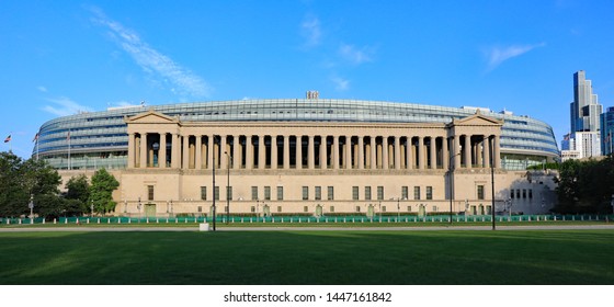 CHICAGO, IL/USA - JULY 8, 2019: Soldier Field on the Museum Campus in Chicago combines modern architecture and preserved the original columns of the first stadium.