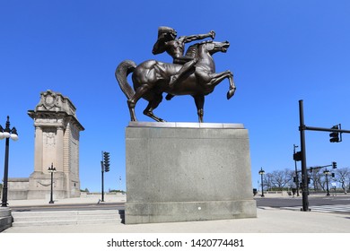 CHICAGO, IL/USA - MAY 14, 2019: The Bowman and The Spearman ,also known collectively as Equestrian Indians, are two bronze equestrian sculptures standing as gatekeepers in Congress Plaza in Grant Park