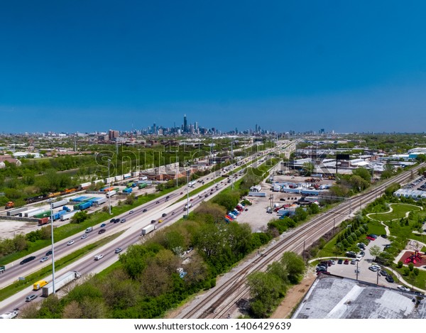 Chicago Industrial Skyline Aerial,\
From South Side Next to I-55 Expressway, Highway on a clear\
day