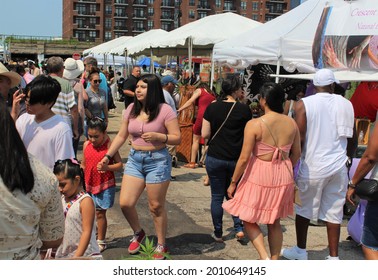 CHICAGO - JULY 2021: Crowds Stroll Through LatinoHispanic Food Festival Street Fair In The Neighborhood, Pilsen, In July 2021 In Chicago. The Area Is The Site Of Many Latino Summer Festivals. 