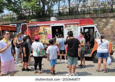 CHICAGO - JULY 2021: Food Truck At LatinoHispanic Street Fairfood Festival In Pilsen Neighborhood In July 2021 In Chicago. The Area Is The Site Of Many Latino Summer Festivals.