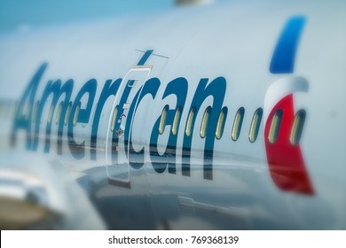 CHICAGO - JULY 27, 2017: American Airlines plane on ramp in Chicago Airport.
