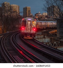 Chicago L Train Going Downtown Twilight