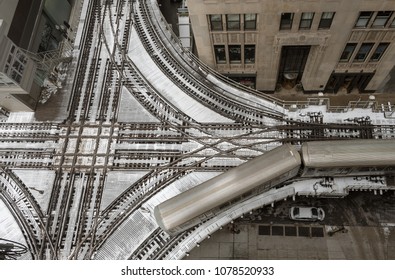 Chicago L Train Rounds A Corner Viewed From Above