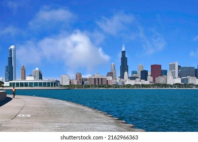 Chicago lakefront bicycle trail with view of downtown skyline
