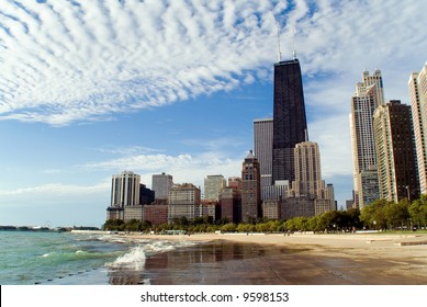 Chicago lakefront skyline with dramatic clouds