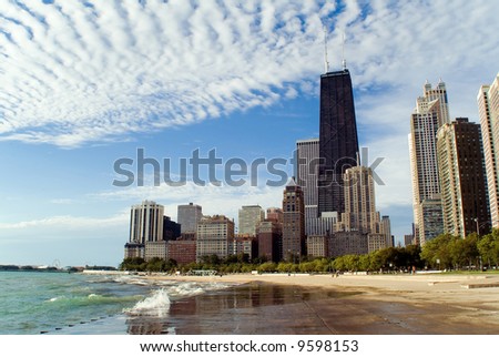 Chicago lakefront skyline with dramatic clouds