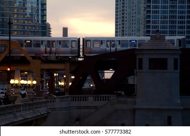 Chicago Loop Elevated Train During Evening Commute At Sunset As Seen From Upper Wacker Drive