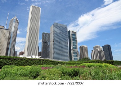 Chicago Lurie Garden And City Skyline. United States Urban View.