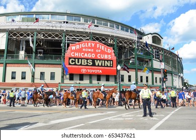 CHICAGO - MAY 29: Wrigley Field, home of the Chicago Cubs, is shown here on May 29, 2016. Fans are celebrating their 7-2 win against the Philadelphia  Phillies. 