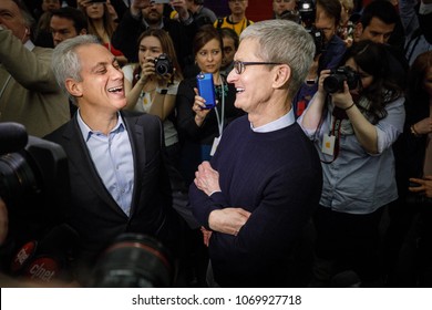 Chicago Mayor Rahm Emanuel Talks With With Tim Cook, Chief Executive Officer Of Apple Inc., At Lane Technical College Prep High School In Chicago, Illinois, U.S., March 27, 2018.