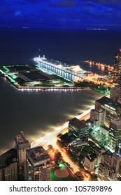 Chicago Navy Pier Aerial View With Lake Michigan At Dusk.