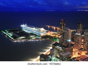 Chicago Navy Pier Aerial View With Lake Michigan At Dusk.