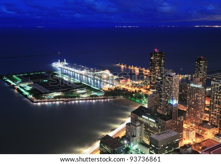 Chicago Navy Pier aerial view with Lake Michigan at dusk.