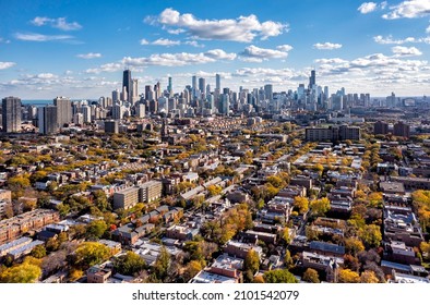 Chicago neighborhood buildings and city skyline panorama with skyscrapers on sunny autumn day