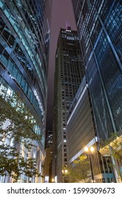 Chicago Night Life. Chicago Illuminated Skyline View At Dusk, United States.  Bottom Up View