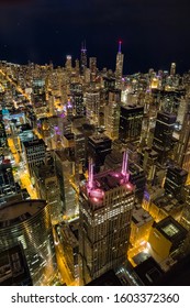 Chicago Night Life. Chicago Illuminated Skyline View At Dusk, United States