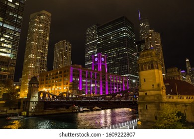 Chicago Night Life. Chicago Illuminated Skyline View At Dusk, United States