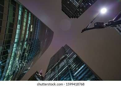 Chicago Night Life. Let There Be Light. Street Lamp And Chicago Illuminated Skyscapers View At Dusk, United States