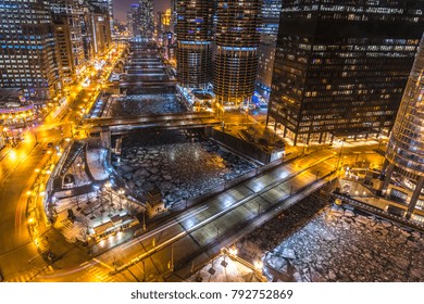 Chicago Night Skyline River Winter Buildings