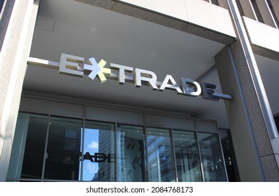 CHICAGO - NOVEMBER 2021: E*Trade Sign And Logo At Chicago Headquarters In November 2021 In Chicago. The Company Is A Pioneer In Online Brokerage.