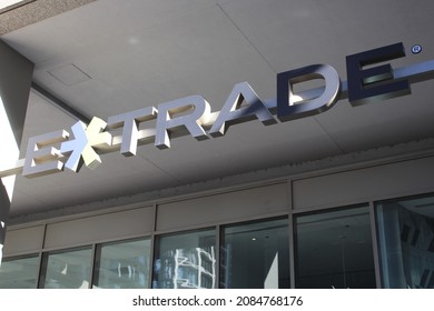 CHICAGO - NOVEMBER 2021: E*Trade Sign And Logo At Chicago Headquarters In November 2021 In Chicago. The Company Is A Pioneer In Online Brokerage.