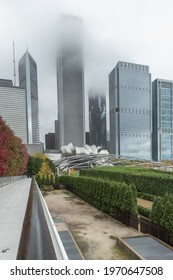 Chicago Oct 14, 2014,   Looking Towards The Jay Prtizker Pavillion In  Grant Park  With The  Chicago Skyline In The Background On A Misty, Rainy Fall Day.