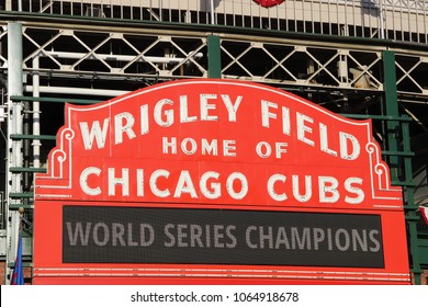 CHICAGO - OCTOBER 2016: Sign At Wrigley Field Announces Chicago Cubs As World Series Champions In October 2016 In Chicago.