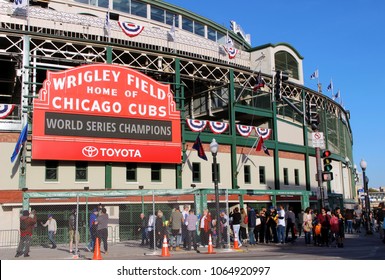 CHICAGO - OCTOBER 2016: Sign at Wrigley Field Announces Chicago Cubs as World Series Champions in October 2016 in Chicago.