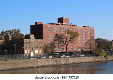 CHICAGO - OCTOBER 2020: Waters Edge high-rise apartment building in October 2020 in Chicago. The low-income rental building is next to the renovated Julia C Lathrop Homes public housing project.   