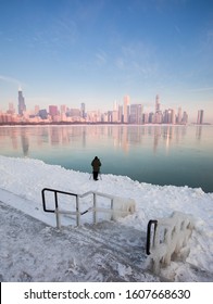 Chicago Panorama On Polar Vortex Frozen Lake And Reflection