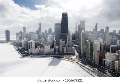 Chicago Polar Vortex Cityscape Panorama Aerial View